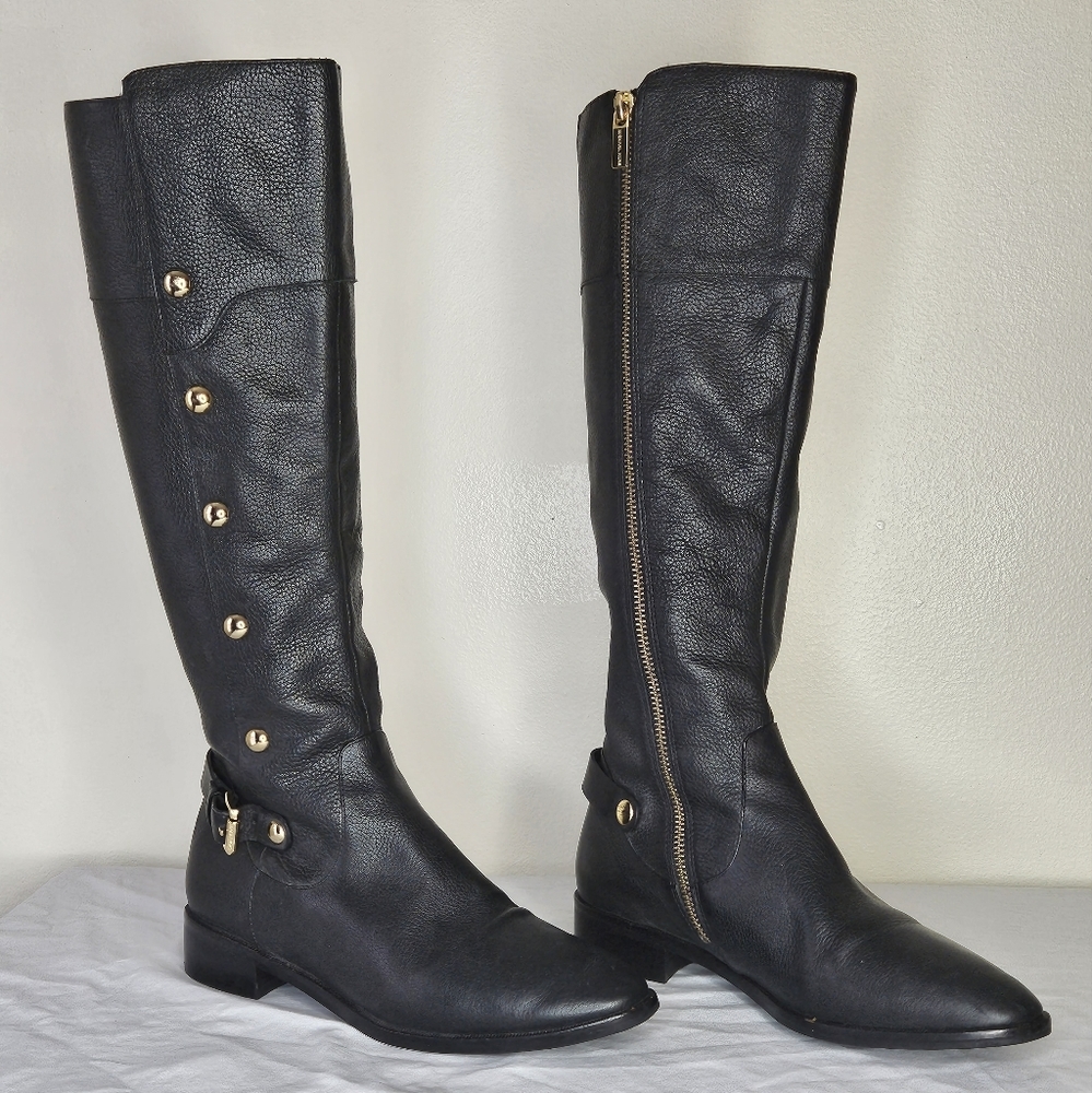 Michael Kors Carney Black Leather Gold Studs Tall Boots 6.5